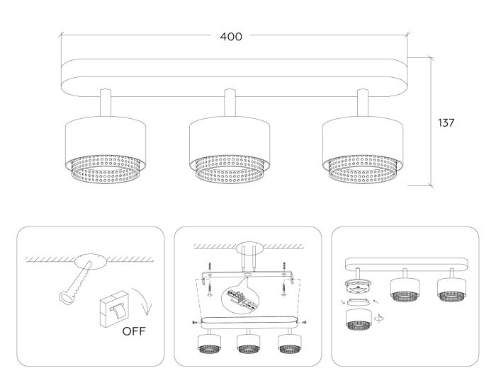 Overhead luminaire TN71291/3 WH/BK white/black GX53/3 max 12W 400*95*137